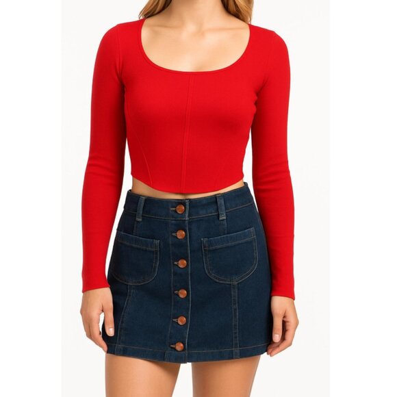 NWT House Of Harlow 1960 | Corset Cropped Red Knit Sweater Square Neck | Size XS - Picture 1 of 9